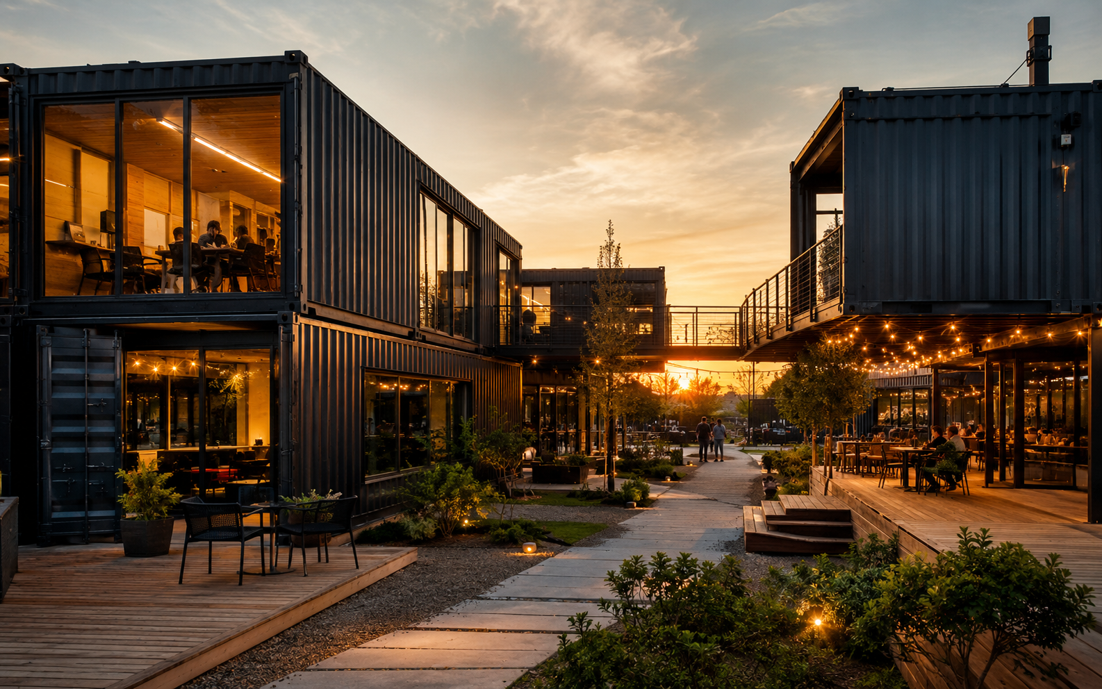 Modern shipping container live work campus at sunset